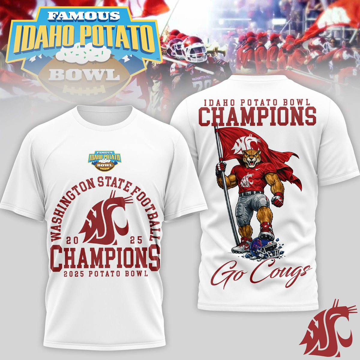 Washington State Cougars | Premium NCAA 2025 IDAHO POTATO BOWL CHAMPIONS 3D Shirt TD