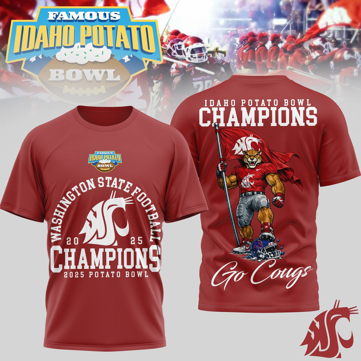 Washington State Cougars | Premium NCAA 2025 IDAHO POTATO BOWL CHAMPIONS 3D Shirt TD