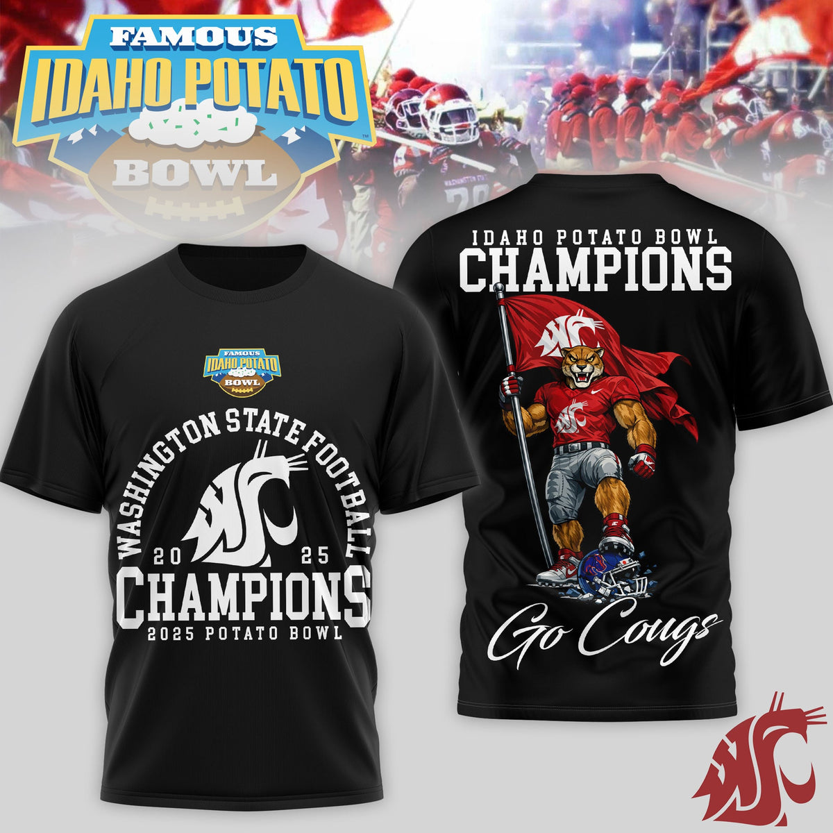 Washington State Cougars | Premium NCAA 2025 IDAHO POTATO BOWL CHAMPIONS 3D Shirt TD