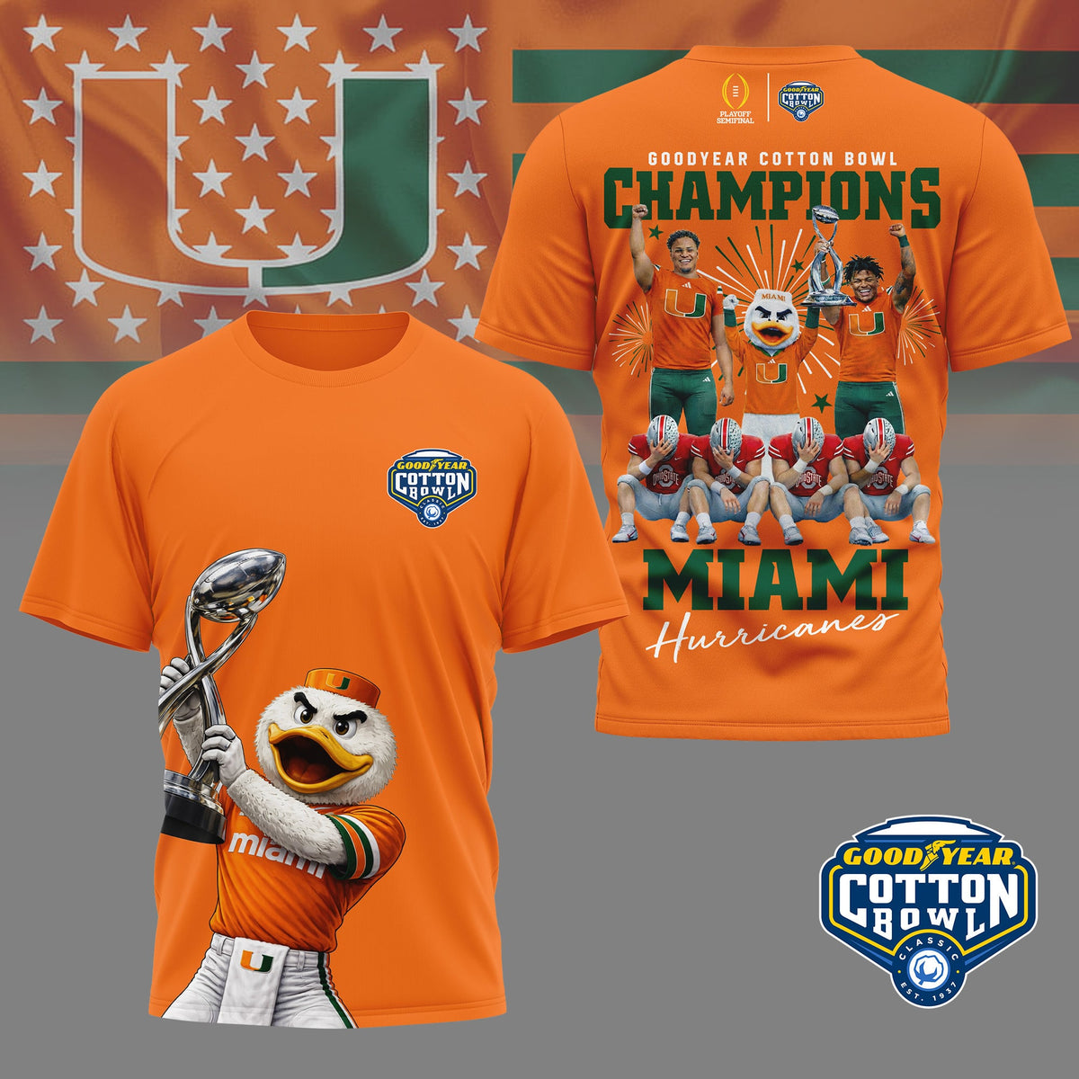 Miami Hurricanes | Premium NCAA Goodyear Cotton Bowl Champions 3D Shirt HI