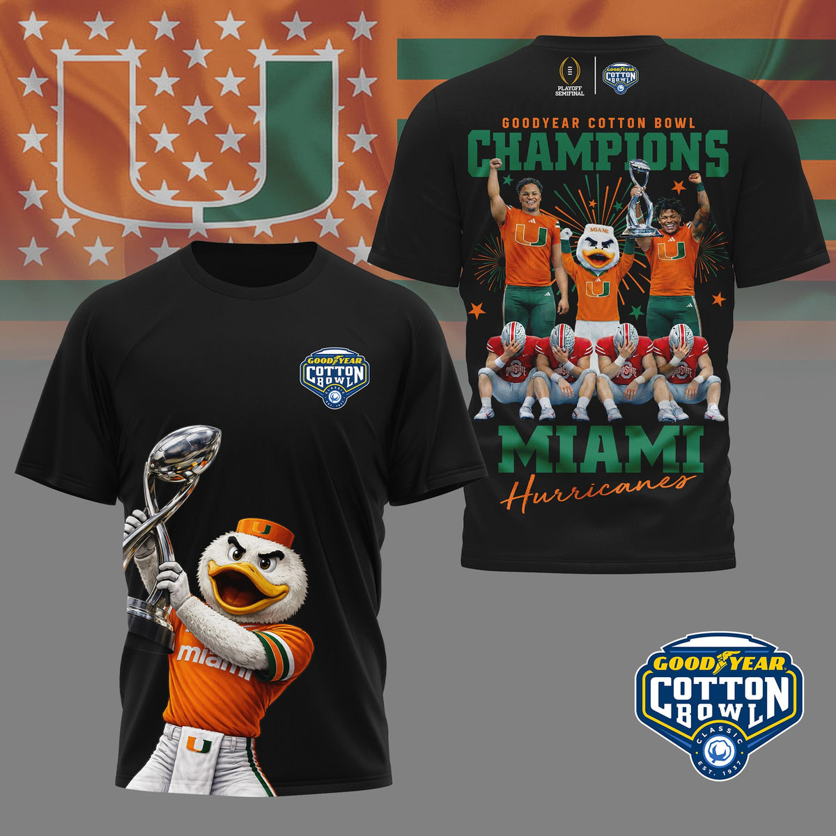 Miami Hurricanes | Premium NCAA Goodyear Cotton Bowl Champions 3D Shirt HI