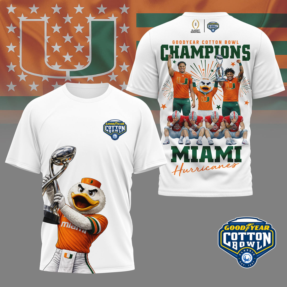 Miami Hurricanes | Premium NCAA Goodyear Cotton Bowl Champions 3D Shirt HI