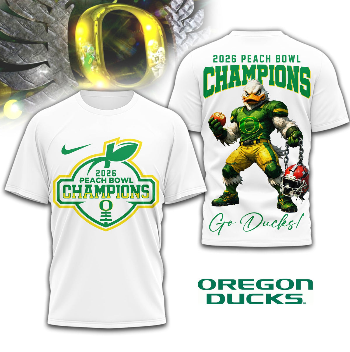Oregon Ducks | Premium NCAA 2026 Peach Bowl Champions 3D Shirt TD