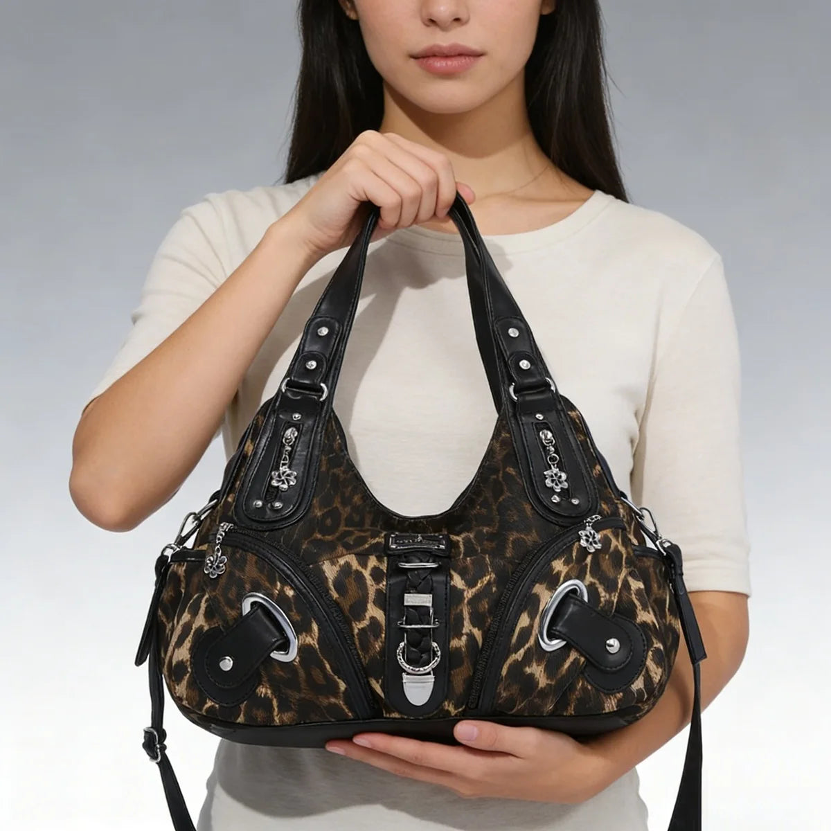 Angel Kiss Women Handbags Leopard Shoulder Bag Top-handle Handbag Fashion Satchel Dumpling Shoulder Bag Tote Hobos Large Purse
